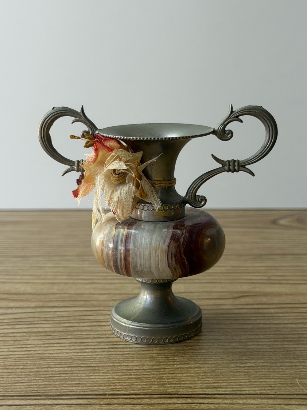 Vintage Marble Onyx Pewter Metal Mini Bud Vase Urn